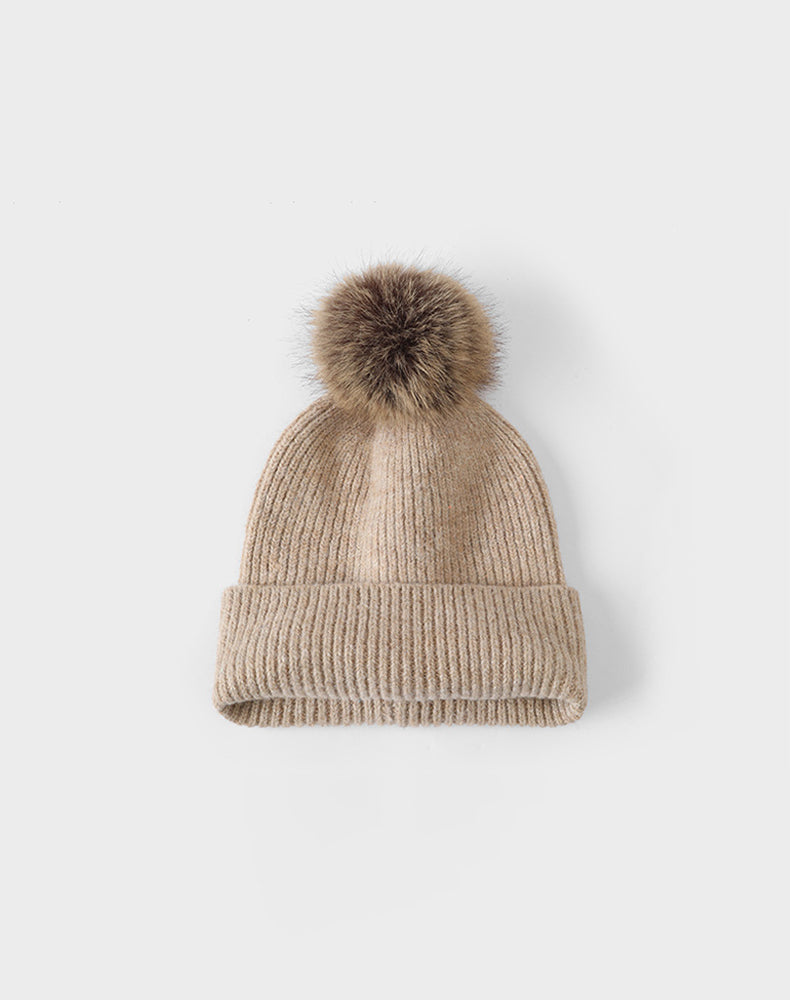 Winter Knitted Beanie Hat with Faux Fur Pom