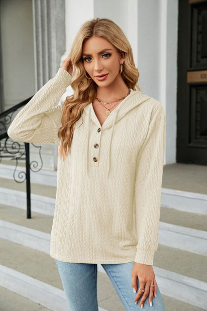 Button Hooded Sweatshirt Loose Long Sleeve Casual Tops