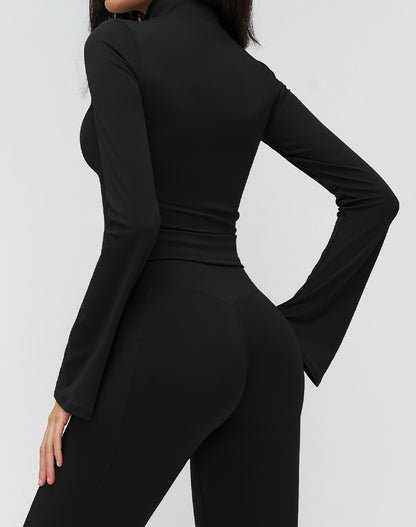 Full Zip Up Workout Cropped Jackets Flared sleeve Yoga Tops