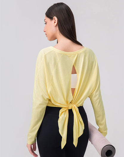 Tie Open Back Long Sleeve Mesh Yoga Tops
