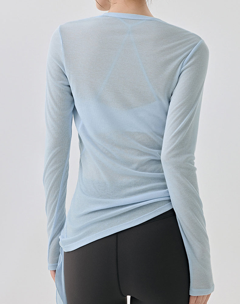 Side Slits Tie Long Sleeves Mesh Yoga Shirts