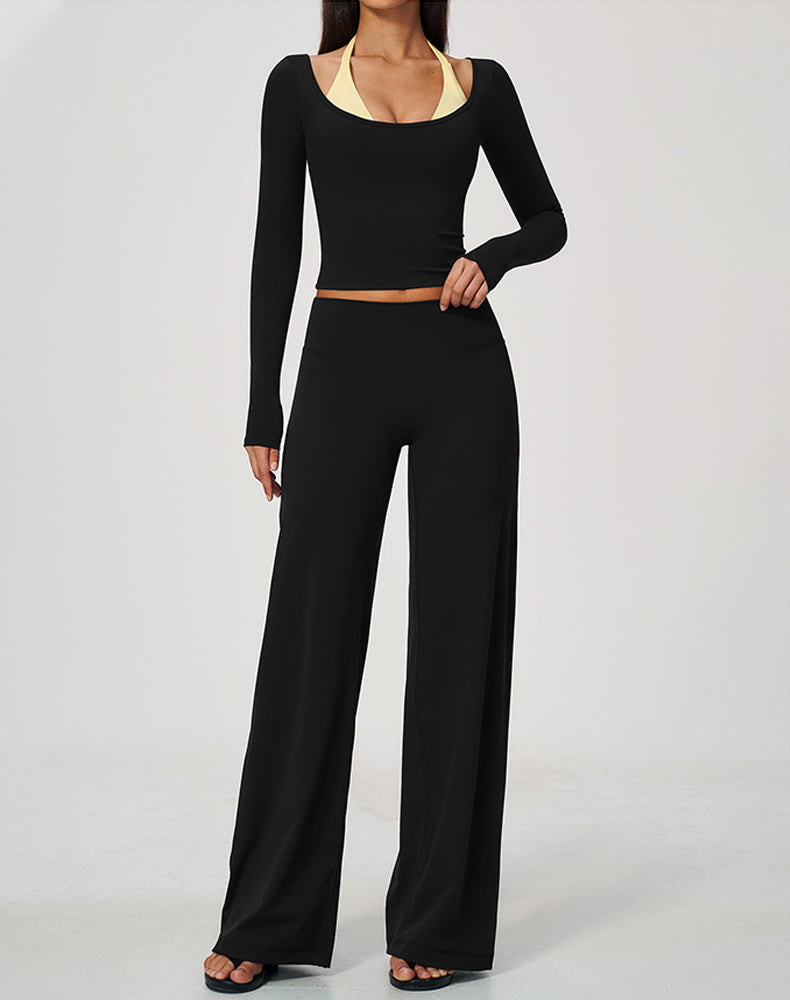 2 Piece Long Sleeve Sports T-Shirt and Wide Leg Pant
