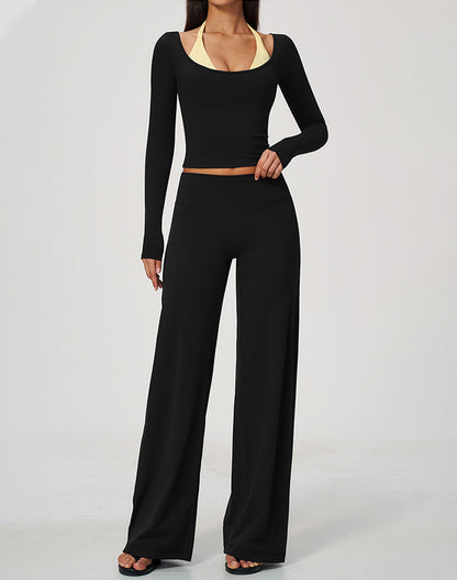 2 Piece Long Sleeve Sports T-Shirt and Wide Leg Pant