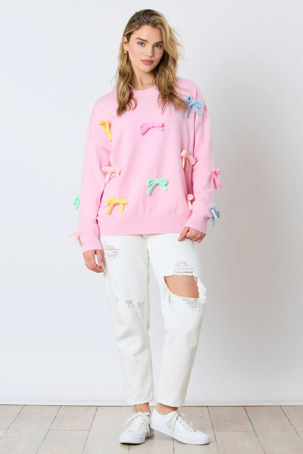 Cute Colorful Bow Long Sleeve Crew Sweater | Perfect for Everyday Wear