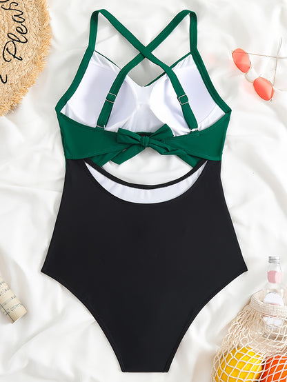 Color Block Twist Cut Out Stretchy One-piece Swimsuit