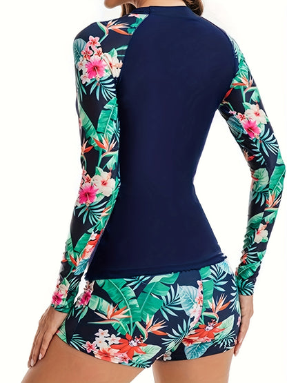 Tropical Chic Long Sleeve Patchwork Tankini Set