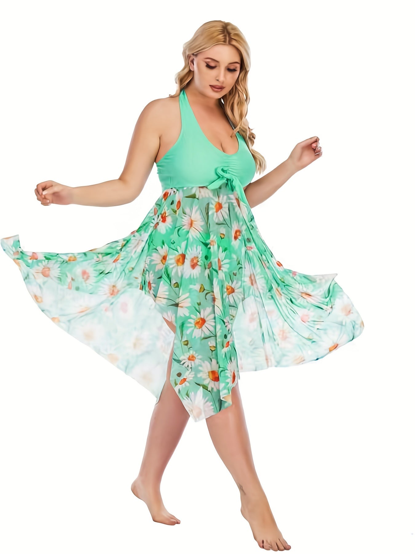 Plus Size Floral Print Irregular Hem Dress &amp; Panty Swimsuit Set