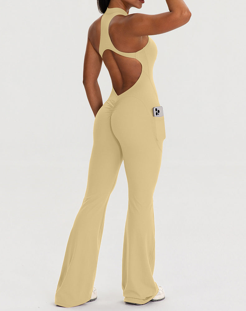 Zipper Racerback Yoga Bodysuit Flare Jumpsuit with Pockets