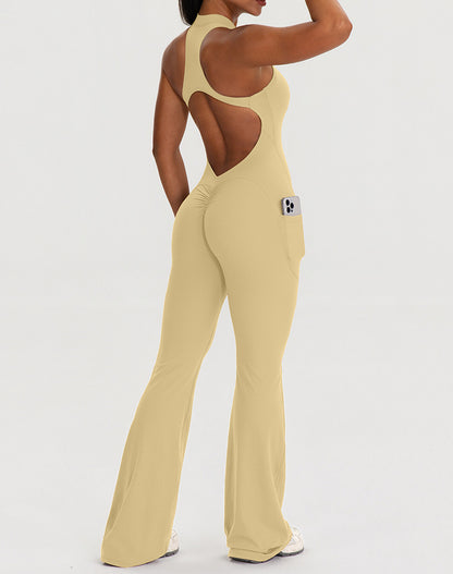 Zipper Racerback Yoga Bodysuit Flare Jumpsuit with Pockets