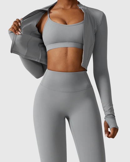 3 Pieces Workout Sets with Full Length Leggings, Scoop Neck Bra and Jacket