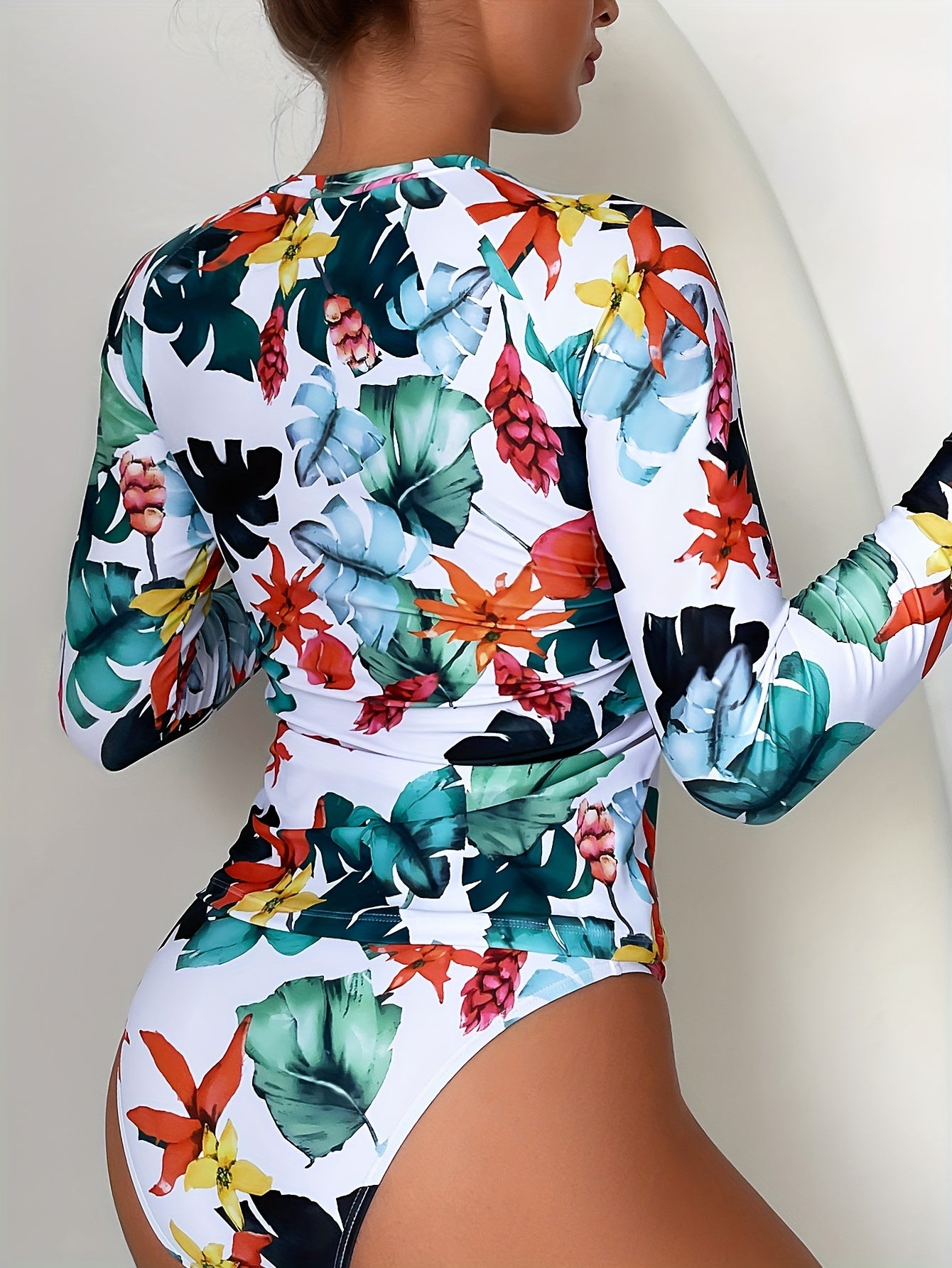 2 Piece Tropical Print Long Sleeve Crew Neck Swimsuits