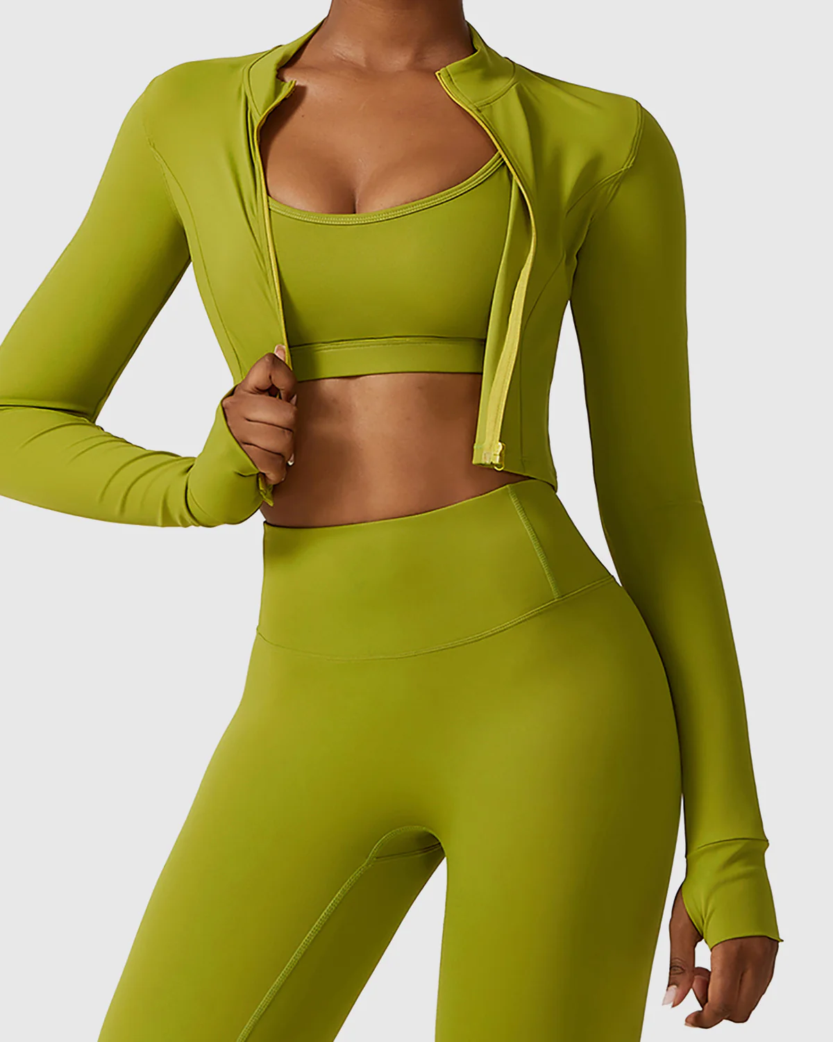 3 Pieces Workout Sets with Full Length Leggings, Scoop Neck Bra and Jacket