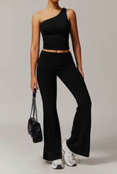 Active Wear Set with One Shoulder Knot Design Tank Top and Flare Pants