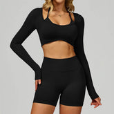 Backless Long Sleeve Workout Crop Top Gym Shirt with Halter