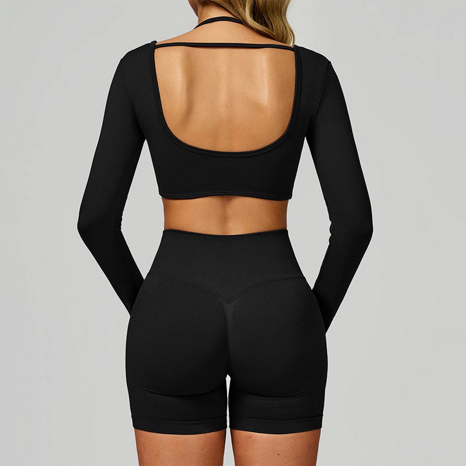 Backless Long Sleeve Workout Crop Top Gym Shirt with Halter