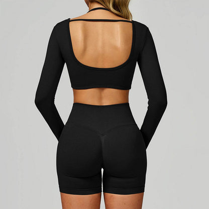 Backless Long Sleeve Workout Crop Top Gym Shirt with Halter