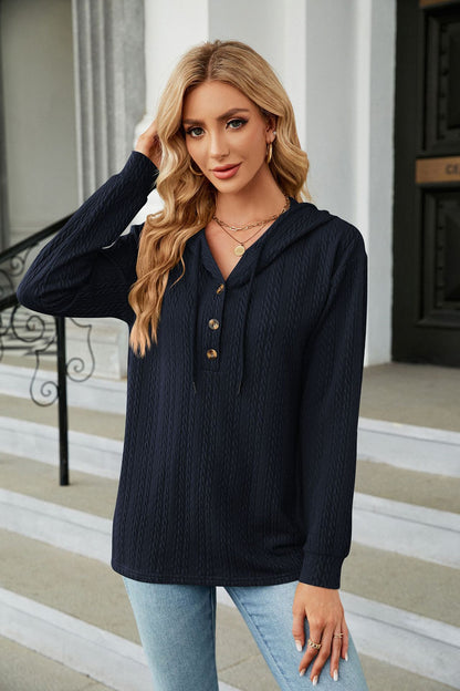 Button Hooded Sweatshirt Loose Long Sleeve Casual Tops
