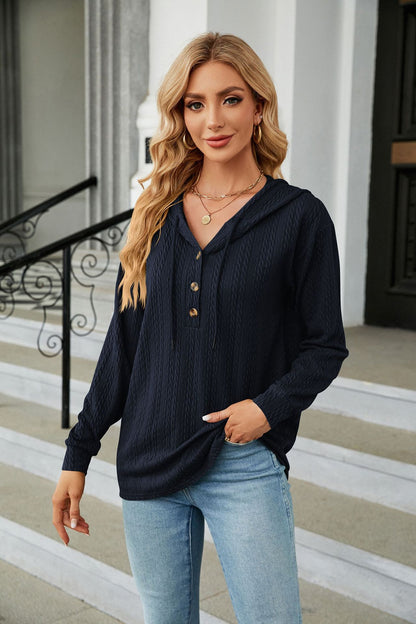 Button Hooded Sweatshirt Loose Long Sleeve Casual Tops