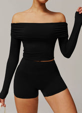 Active Wear Set with Long Sleeve Off Shoulder Crop Top and Shorts