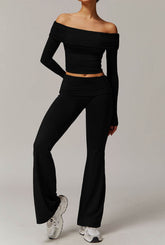 Active Wear Set with Long Sleeve Off Shoulder Crop Top and Flare Pants