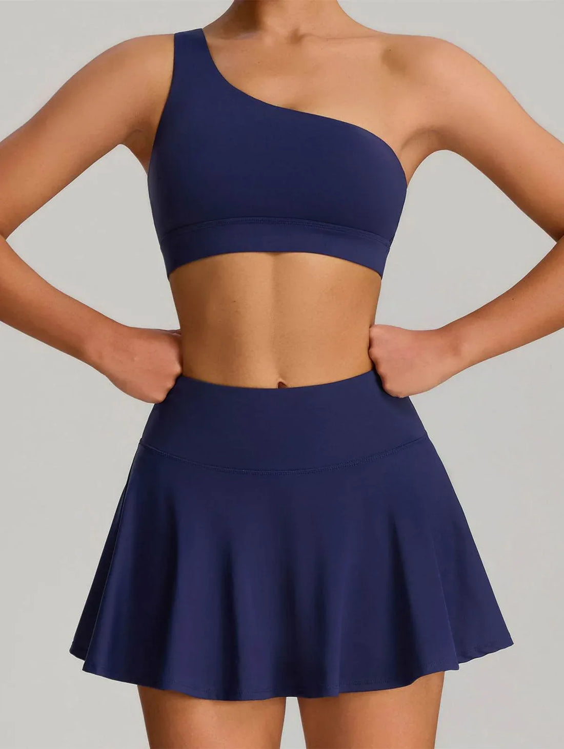 Sport Wear Set with One Shoulder Strap Bra and Skirt - Navy Blue