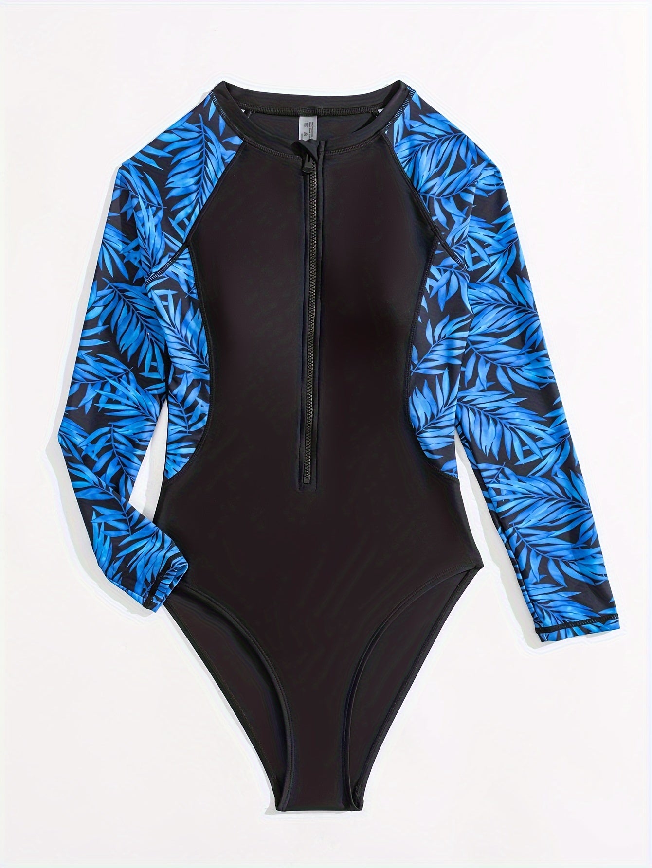 Leaf Print Zipper Long Sleeve One-piece Swimsuit