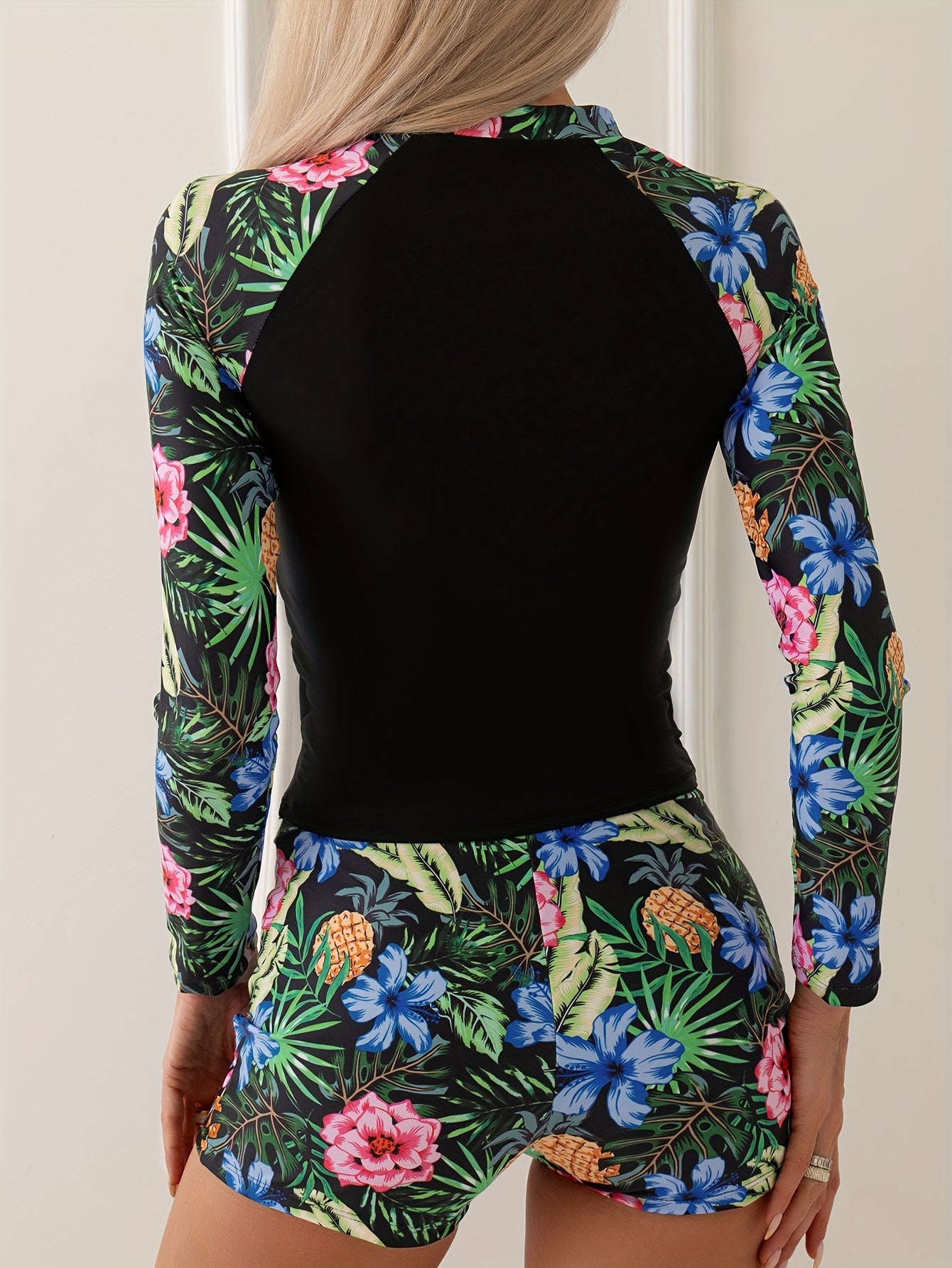 Tropical Floral Patchwork 2-Piece Tankini Set with Long Sleeve Crew Neck Top &amp; Stretchy High Waisted Shorts