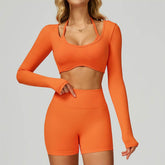 Backless Long Sleeve Workout Crop Top Gym Shirt with Halter