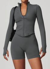 Full Zip Cropped Workout Jacket with Thumb Holes