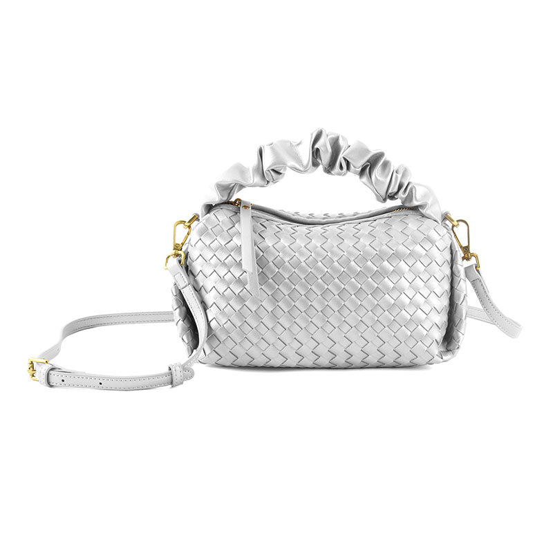 PU Leather Woven Handbag with Pleated Mushroom Edge