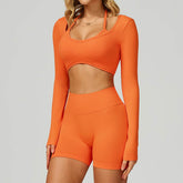 Backless Long Sleeve Workout Crop Top Gym Shirt with Halter