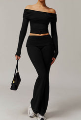 Active Wear Set with Long Sleeve Off Shoulder Crop Top and Flare Pants