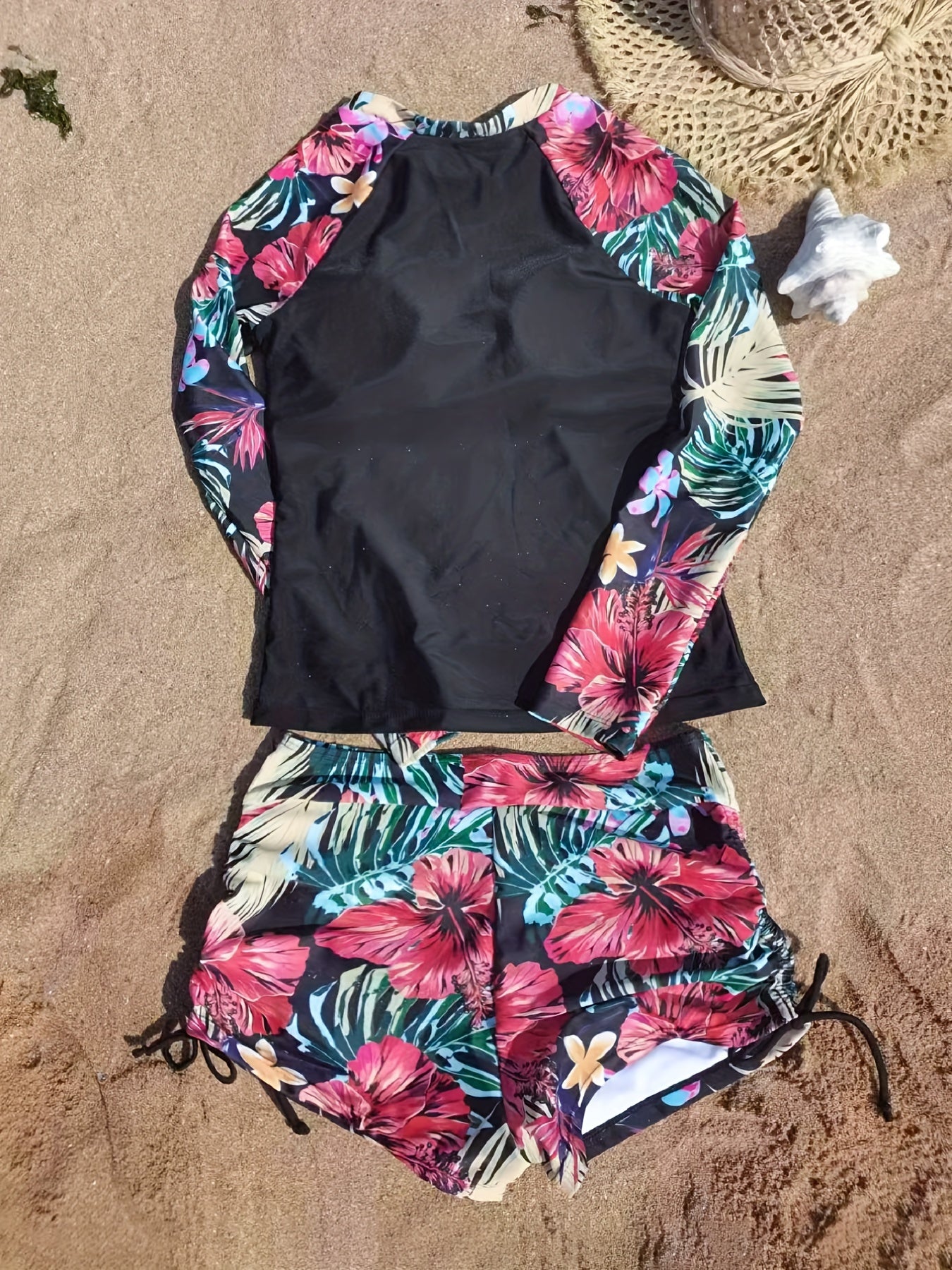 2-Piece Blue Floral Long Sleeve Swimsuit