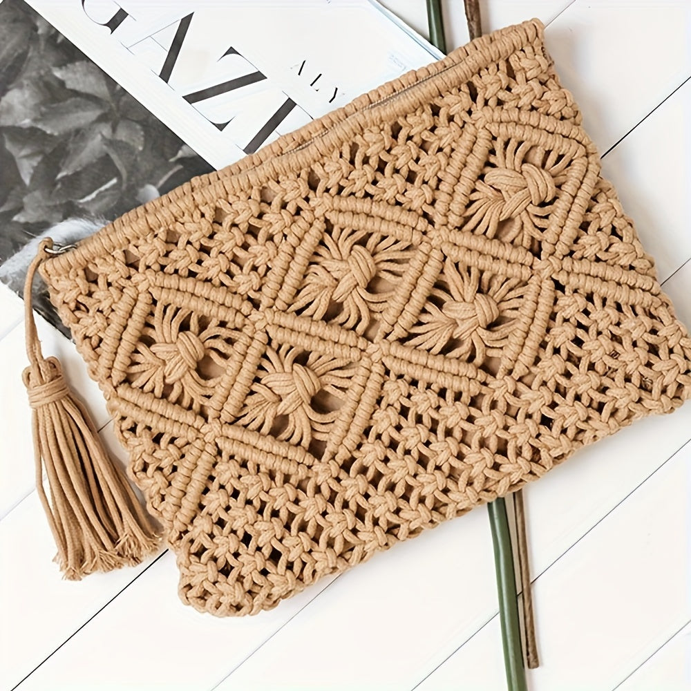 Geometric Print Fabric Straw Woven Clutch Bag