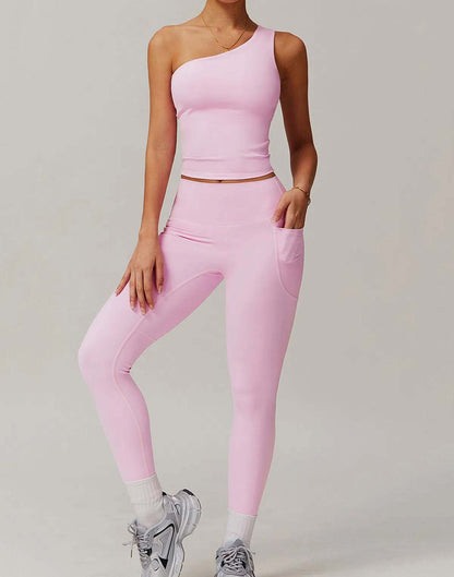 Solid Yoga Set With One shoulder Tank Top and Legging | Ideal for Gym