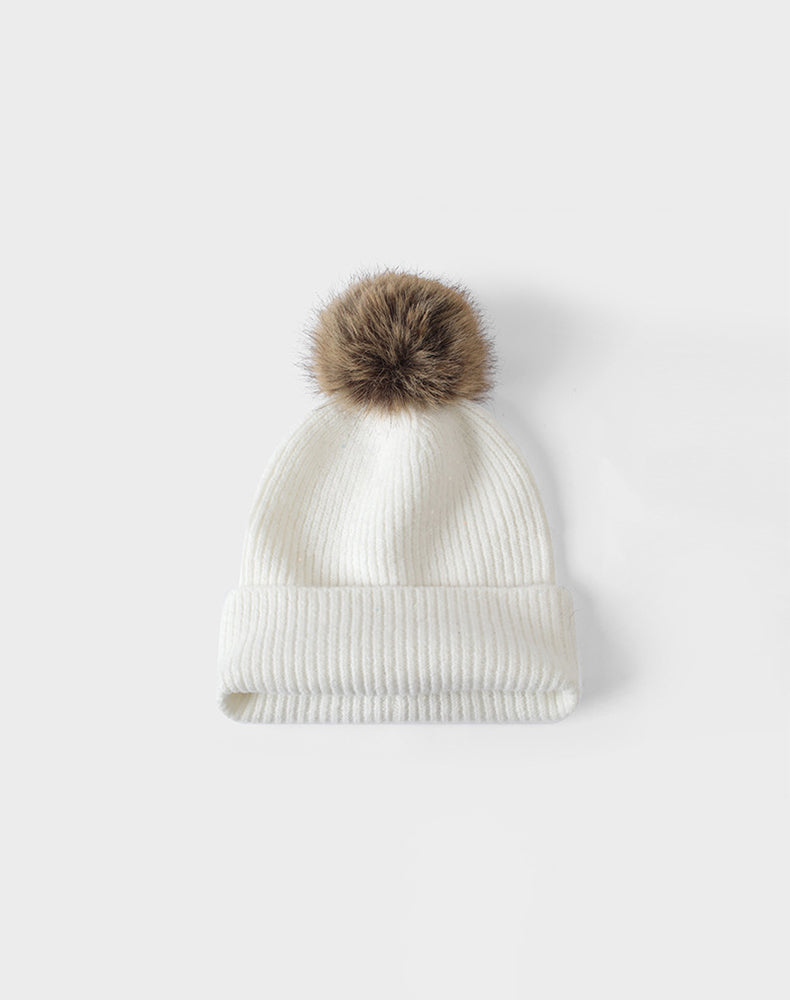 Winter Knitted Beanie Hat with Faux Fur Pom