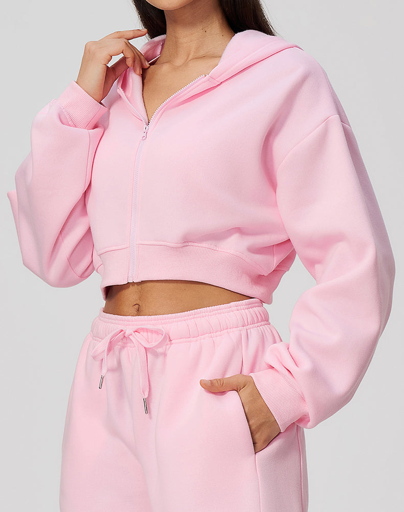 Long Sleeve Full Zip Cropped Casual Hooded