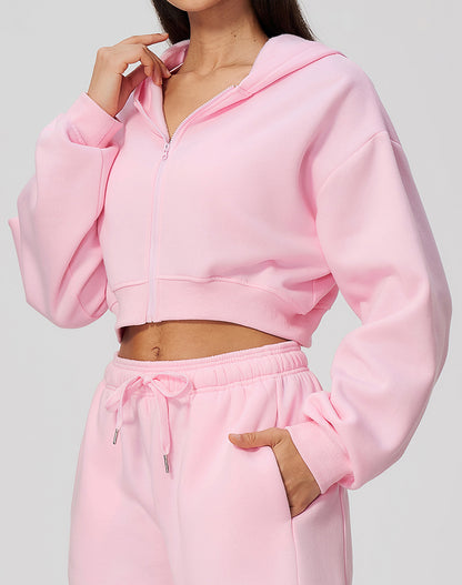 Long Sleeve Full Zip Cropped Casual Hooded