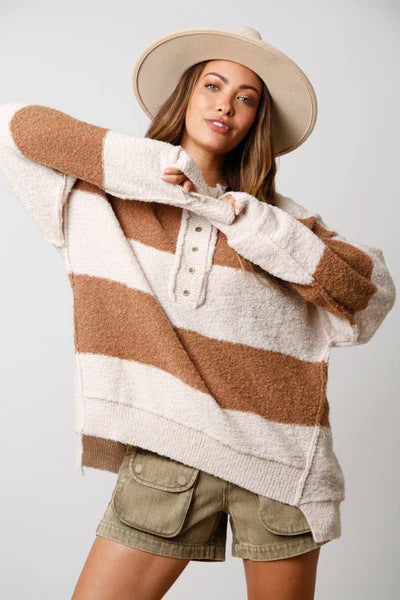 Half Button Color Block Pullover Sweater | Trendy &amp; Versatile