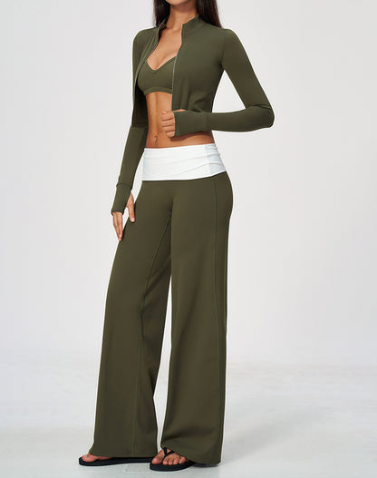 3 Piece Sports Bra Cropped Jacket and Fold Over Flare Pant