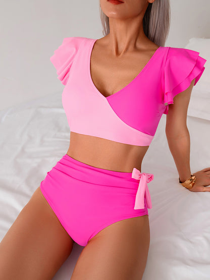 Ruffled Sleeves Color Block Bikini Sets