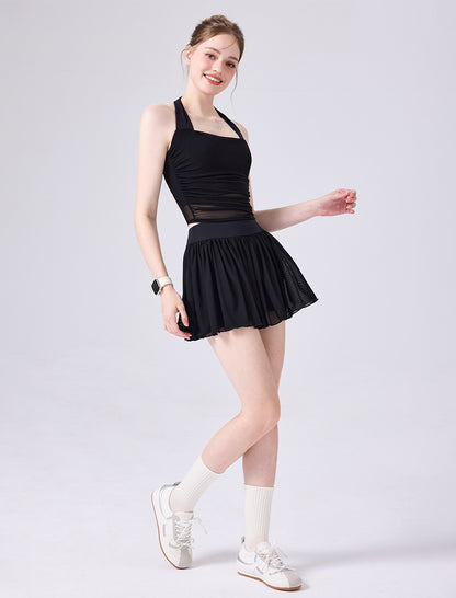 Mesh Tennis Sets with Halter Neck Crop Tank Top and Skirt