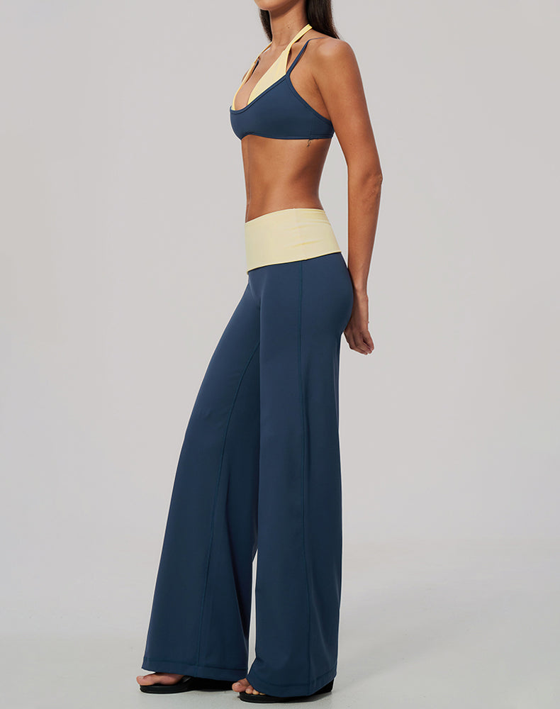 2 Piece Color Block Sports Bra and Fold Over Flare Pant Sets