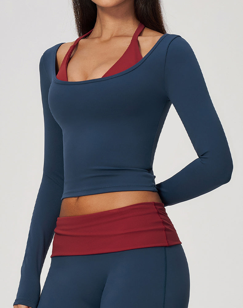 Faux Two Piece Color Block Long Sleeve Sports T-Shirts