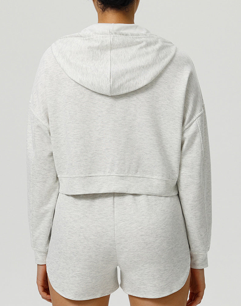 Long Sleeve Hooded Zip Up Casual Crop Coat with Pockets