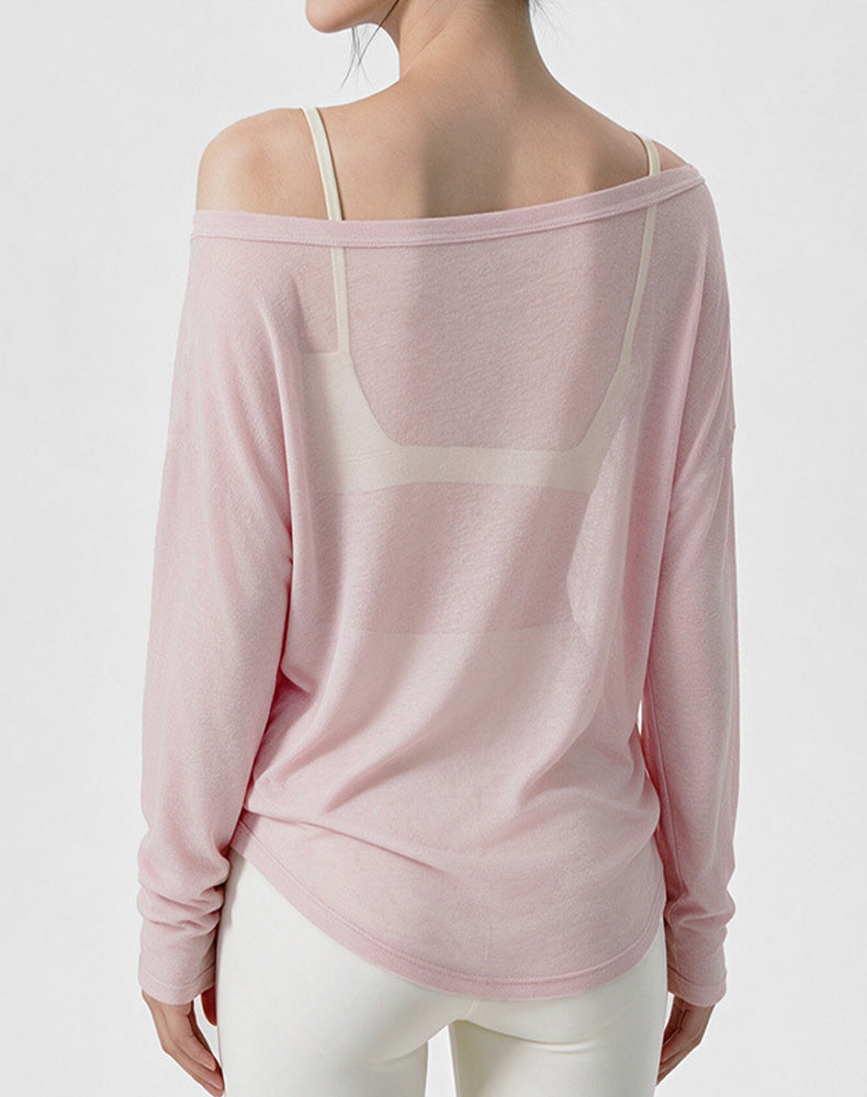 Off Shoulder Long Sleeve Sheer Mesh Yoga Tops