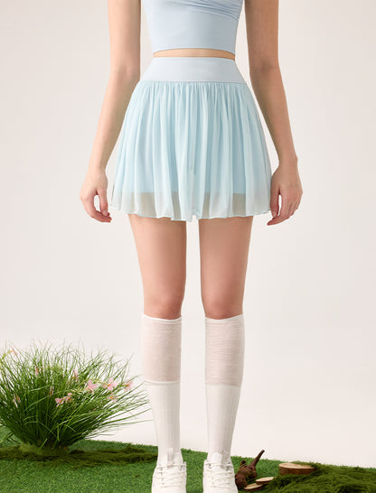 Mesh Sheer Pleated Skirt Tulle Skirt with Short and Pocket