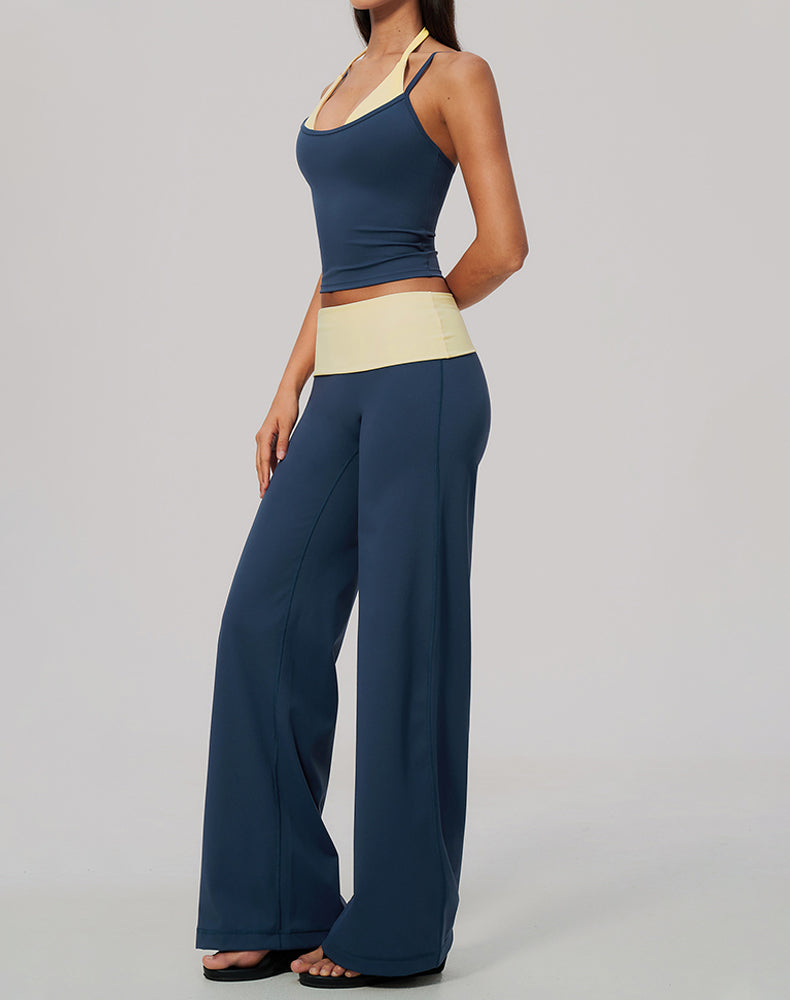 2 Piece Color Block Tank Top and Fold Over Flare Pant Sets