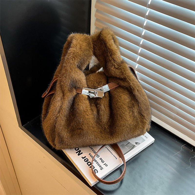 Fuzzy Shoulder Handbag Fluffy Plush Bucket Crossbody Bag