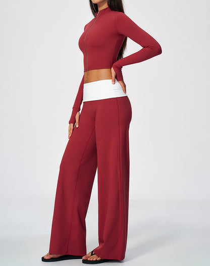 2 Piece Full Zip Cropped Jacket and Fold Over Flare Pant